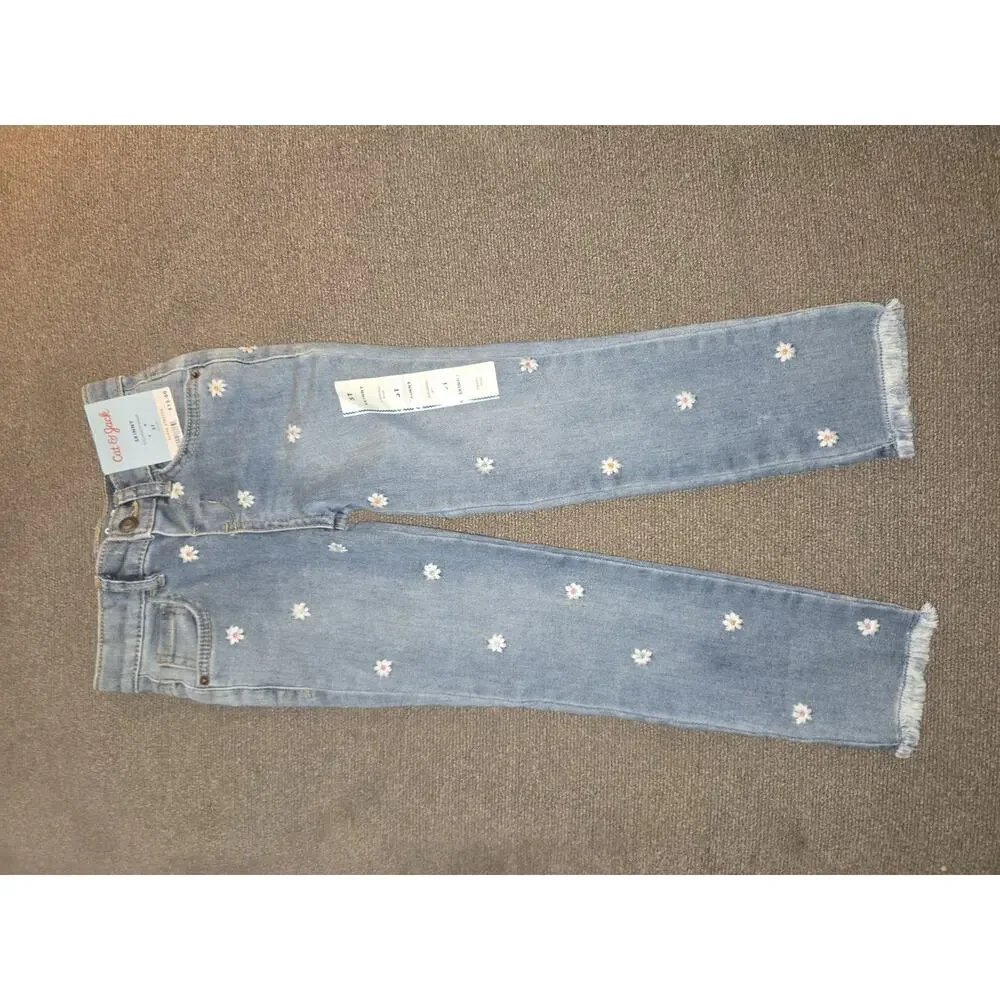 Cat & Jack Girls 5T Skinny Jeans Adjustable Waist Stretch Blue Floral Denim